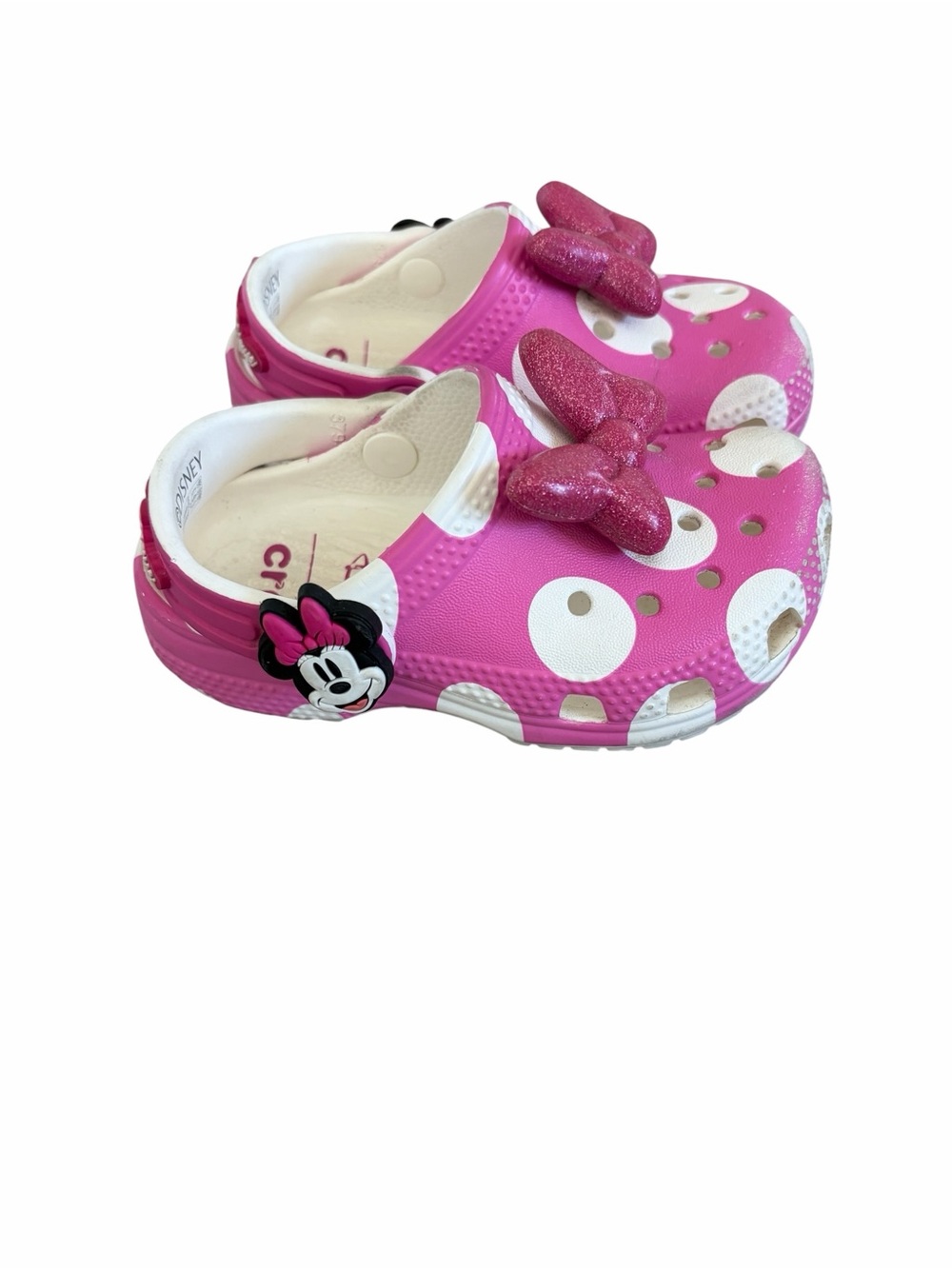 Disney Minnie Mouse Hot Pink and White Polka Dot Kids Clogs with Glitter Bow
